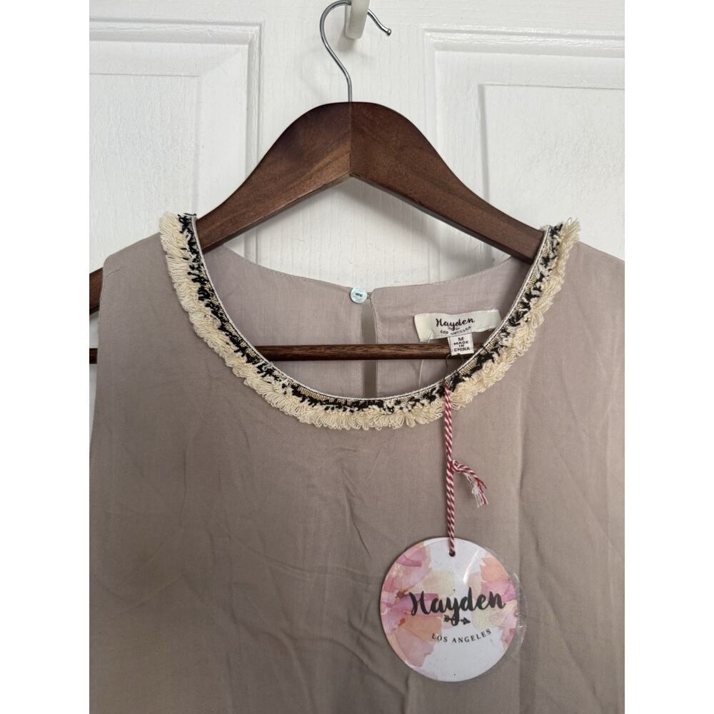 Hayden LA Women’s Medium Beige Sleeveless Boho Shift Dress Embroidered Hem - Picture 3 of 7